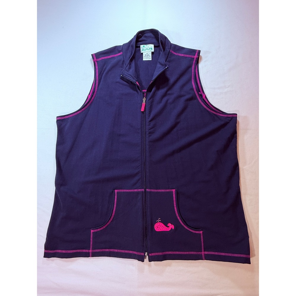 Quacker‎ Factory Navy Blue Pink Stitch Whale Studded Zip Up Vest Womens2X
